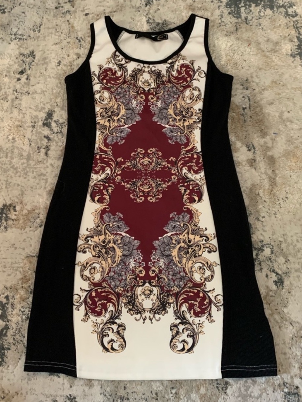 Just Cavalli Black and Burgundy Baroque Print Mini Dress